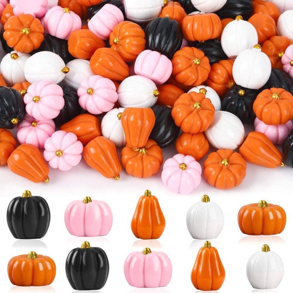100Pcs Mini Resin Pumpkins,Mini Halloween Pink Black White Pumpkins Miniatures T